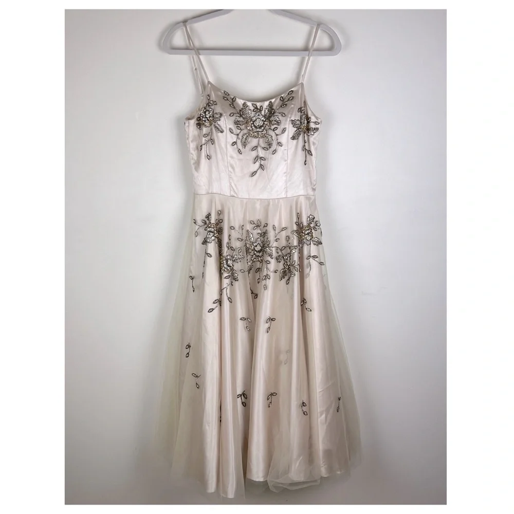 Sue Wong Nocturne Old Hollywood Coquette Fit & Flare Tulle Beaded Midi Dress 8 - Picture 1 of 14